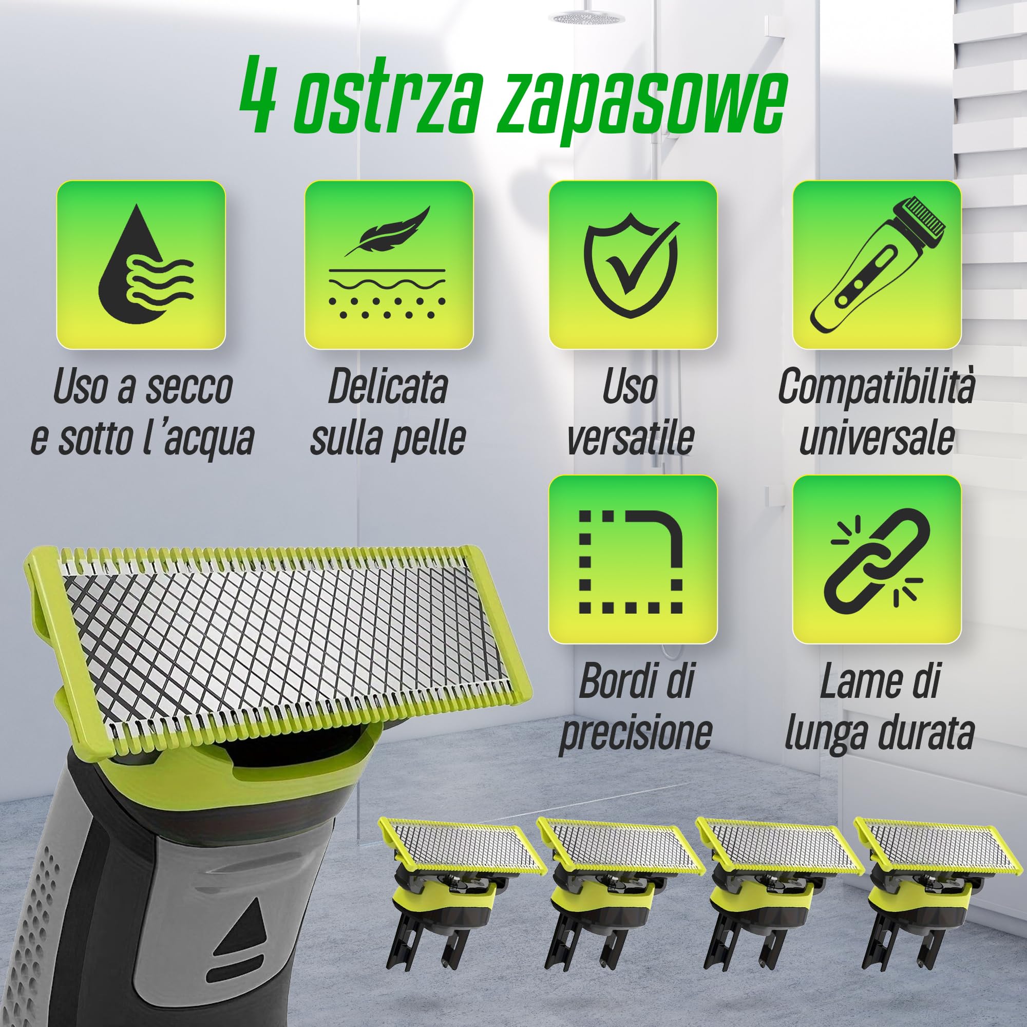 Zestaw 4 Ostrzy + 3 Grzebieni Prowadzących + 1 Etui Kompatybilny z OBlade – Zestaw Wymienny do Golarki do Brody i Ciała – Dokładne, Gładkie i Bezpodrażnieniowe Golenie