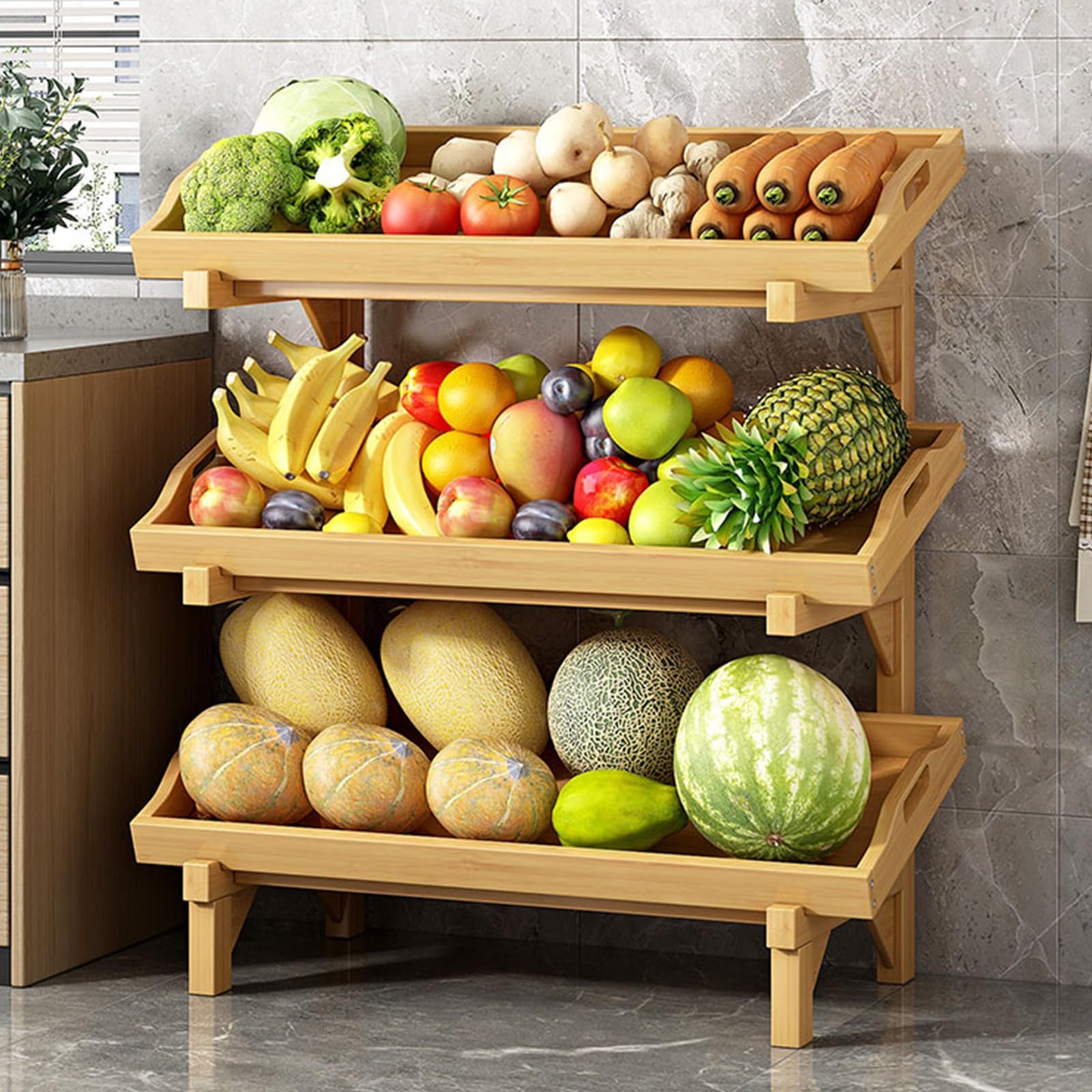 Stojak magazynowy, Wolnostojący drewniany kosz do przechowywania owoców i warzyw z poręczą, zdejmowany domu/kuchni/spiżarni(Ligjt Grey,(3 Tier)66cm/26in W)