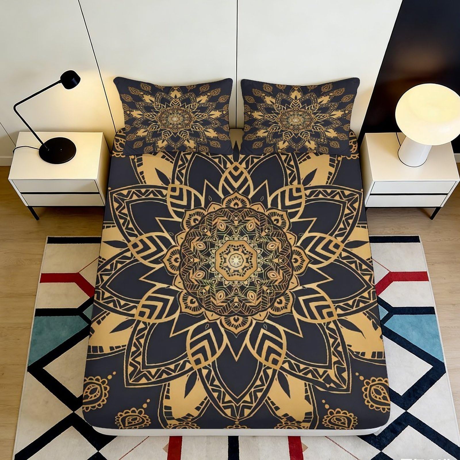 3D Printed Mandala Boho Fitted Sheet Microfiber Soft Anti-Slip Sunburst Mattress Cover for Bedroom Guest Room Decor 90x200x25cm