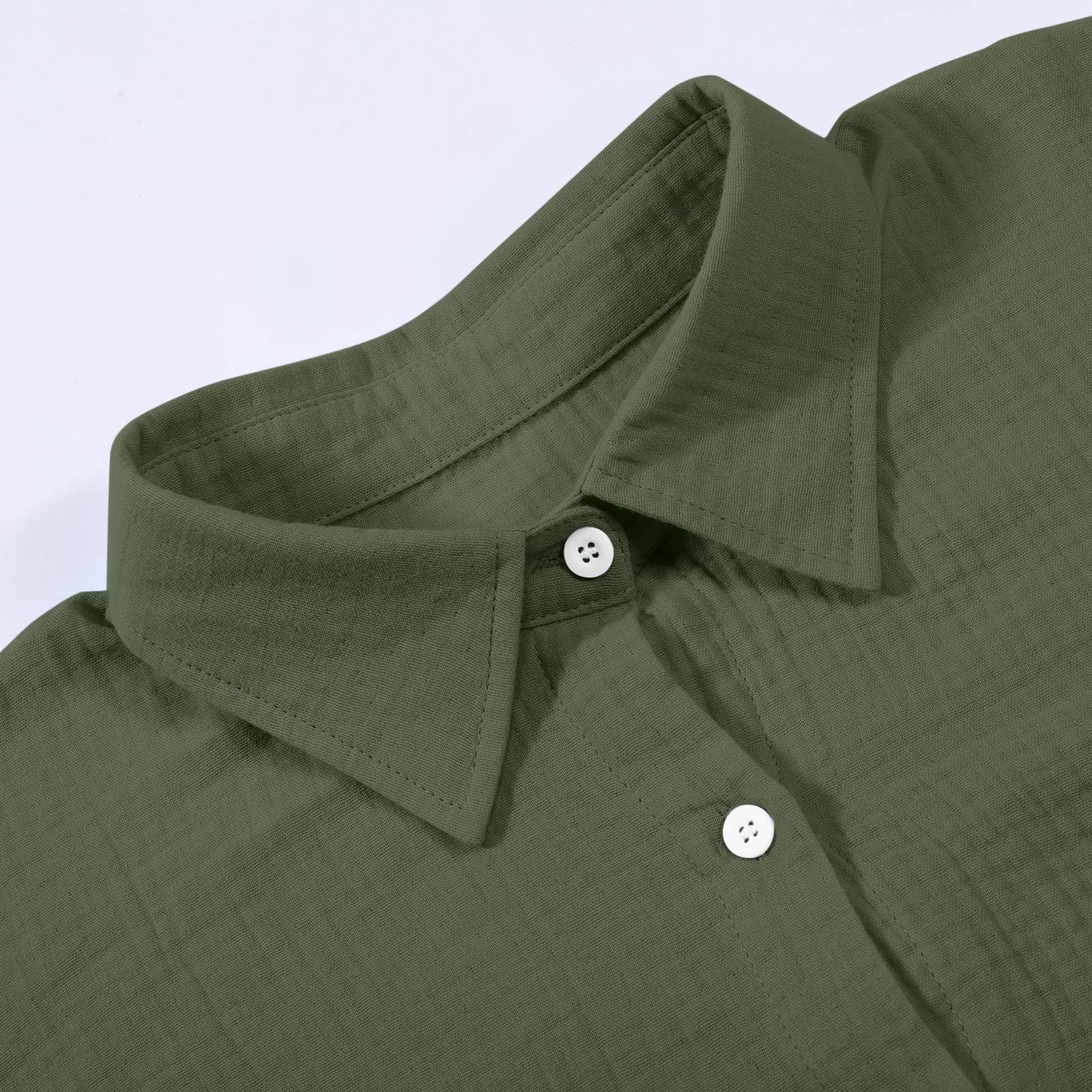 Chemise boutonnée à manches longues tendance en lin pour femme, coupe ample, légère, couleur unie, col en gaze, tunique décontractée pour le printemps, la plage, respirante, vert militaire, S
