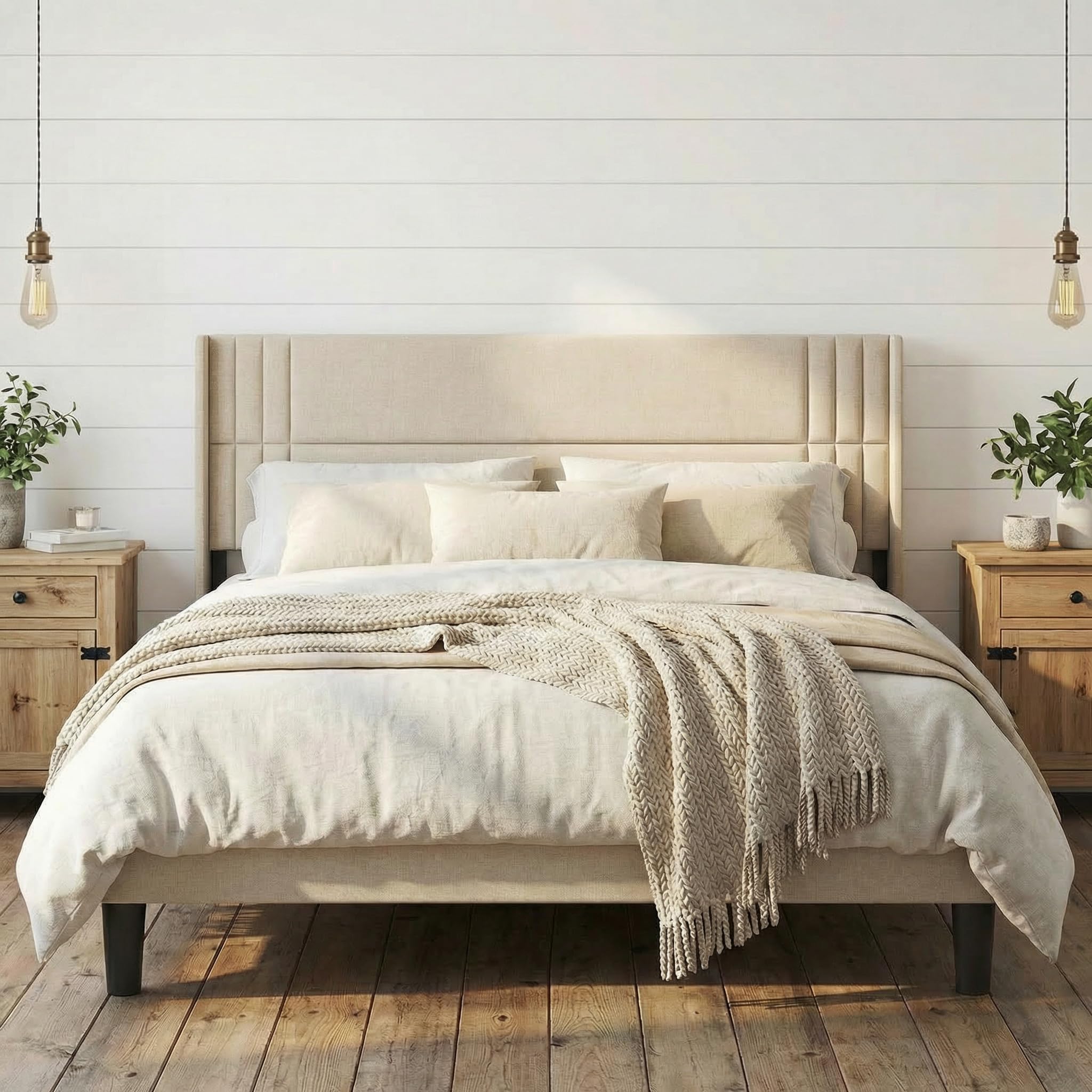 Gizoon King Bed Frame with Wingback Headboard, Upholstered Platform Bed with Modern Geometric Headboard, Wooden Slats, Noise-Free, No Box Spring