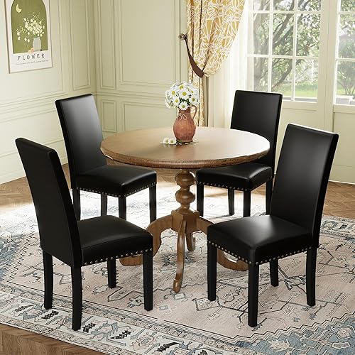 Miniatura 10 de LSSPAID Juego de 4 sillas de comedor tapizadas de tela con ribete de cabeza de clavo y patas de madera maciza para el hogar y la cocina, color azul