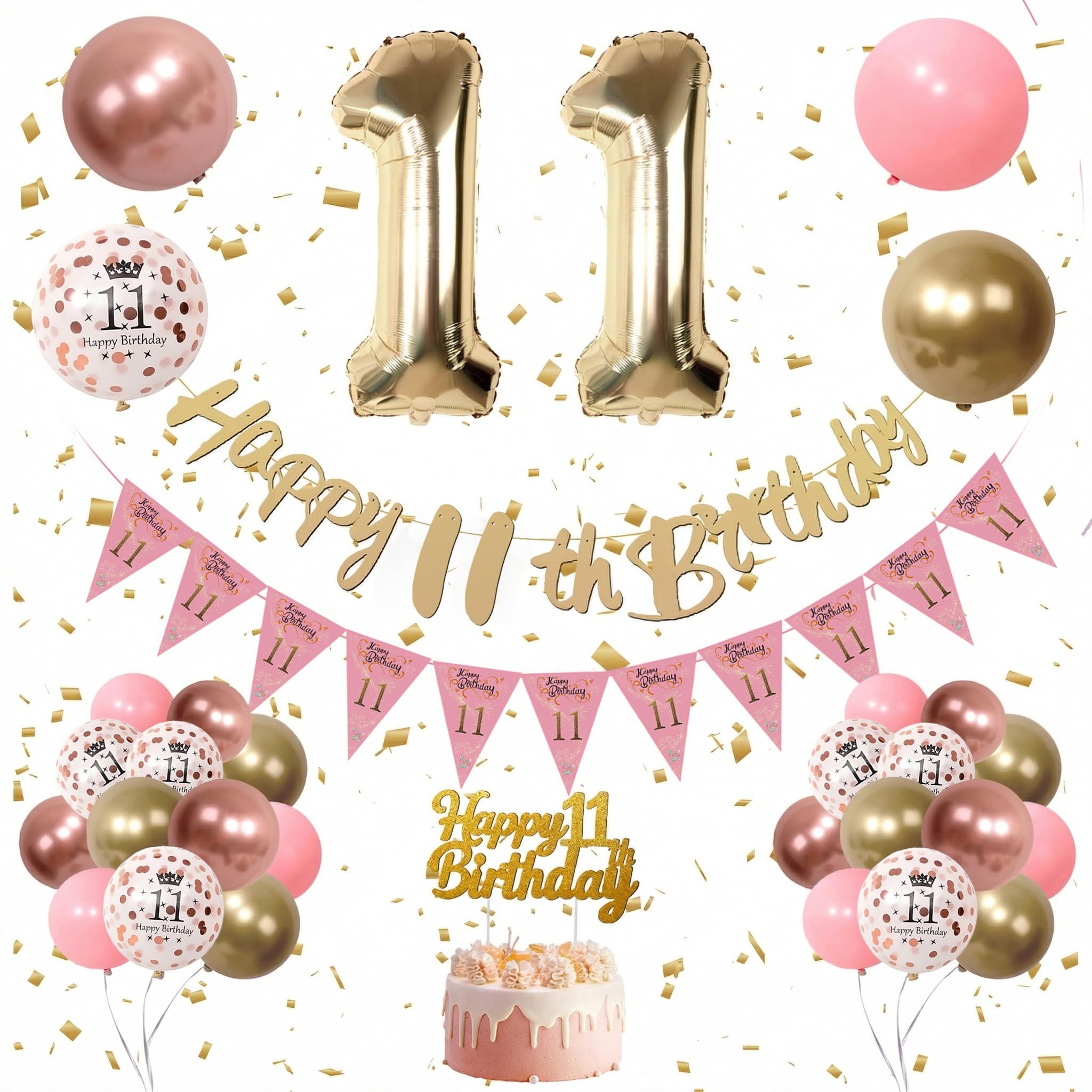 Kradeler 11th Birthday Decorations Women ,Gold Birthday Banner, Retro Pink Gold Latex Balloons Party Decorations Confetti Balloons for Women