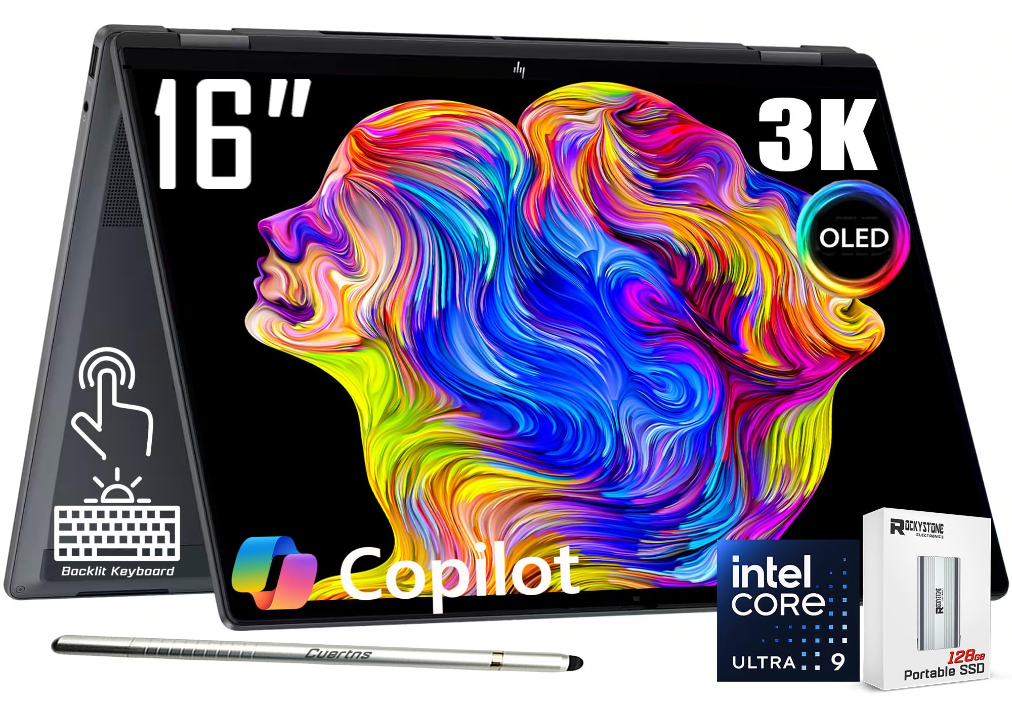 HP OmniBook X Flip 2-in-1 Laptop 16" 3K OLED Touch (500nits HDR, 120Hz) Intel 8-core Ultra 9 288V (Up to 48 Tops), Copilot+ AI, 5MP IR Webcam, Backlit KB, W/128GB PSD, Win11 Home(32GB|2TB SSD)