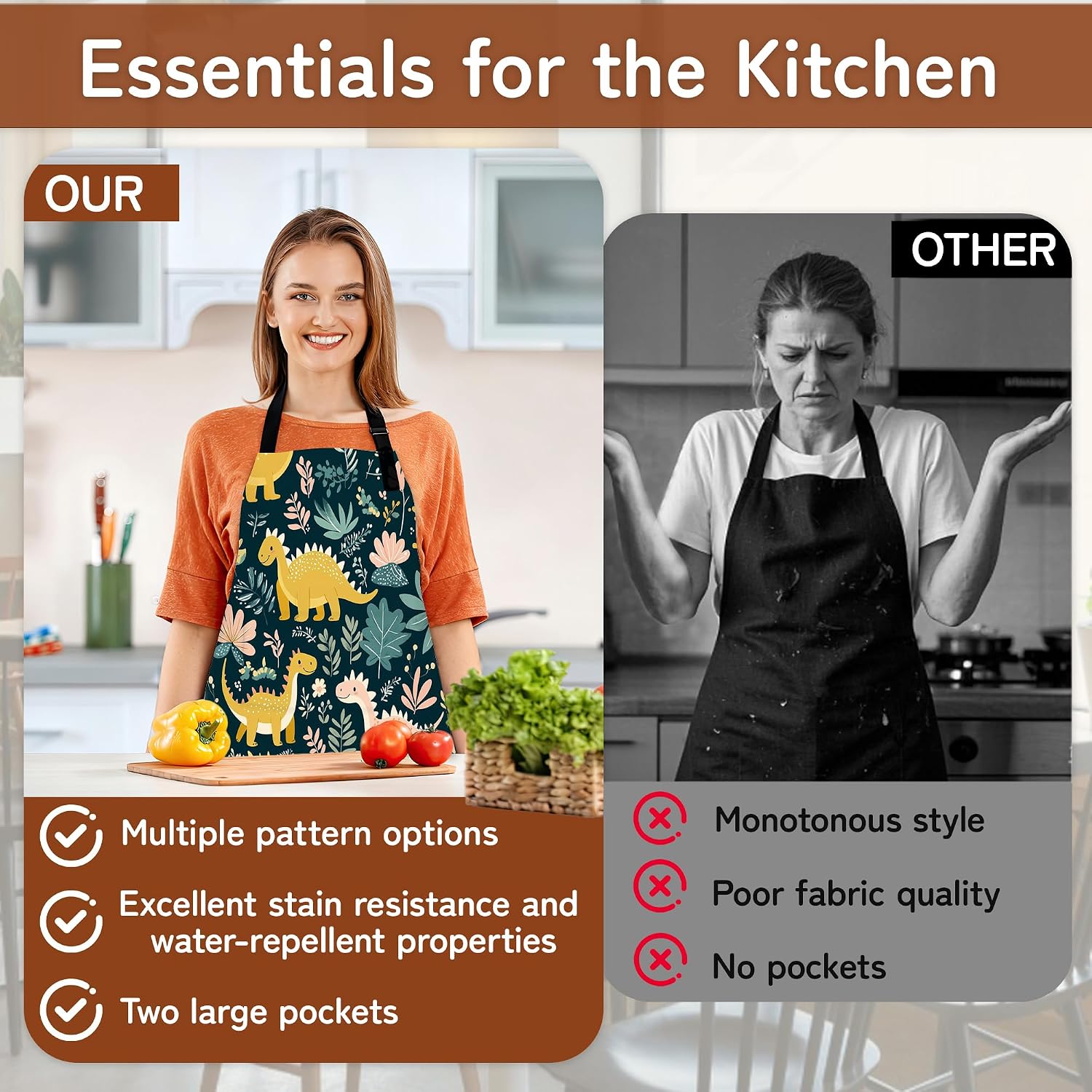 Kitchen Apron with Pocket,Waterproof Adjustable Neck and Long Ties, Cooking Baking Gardening Painting Apron for Women