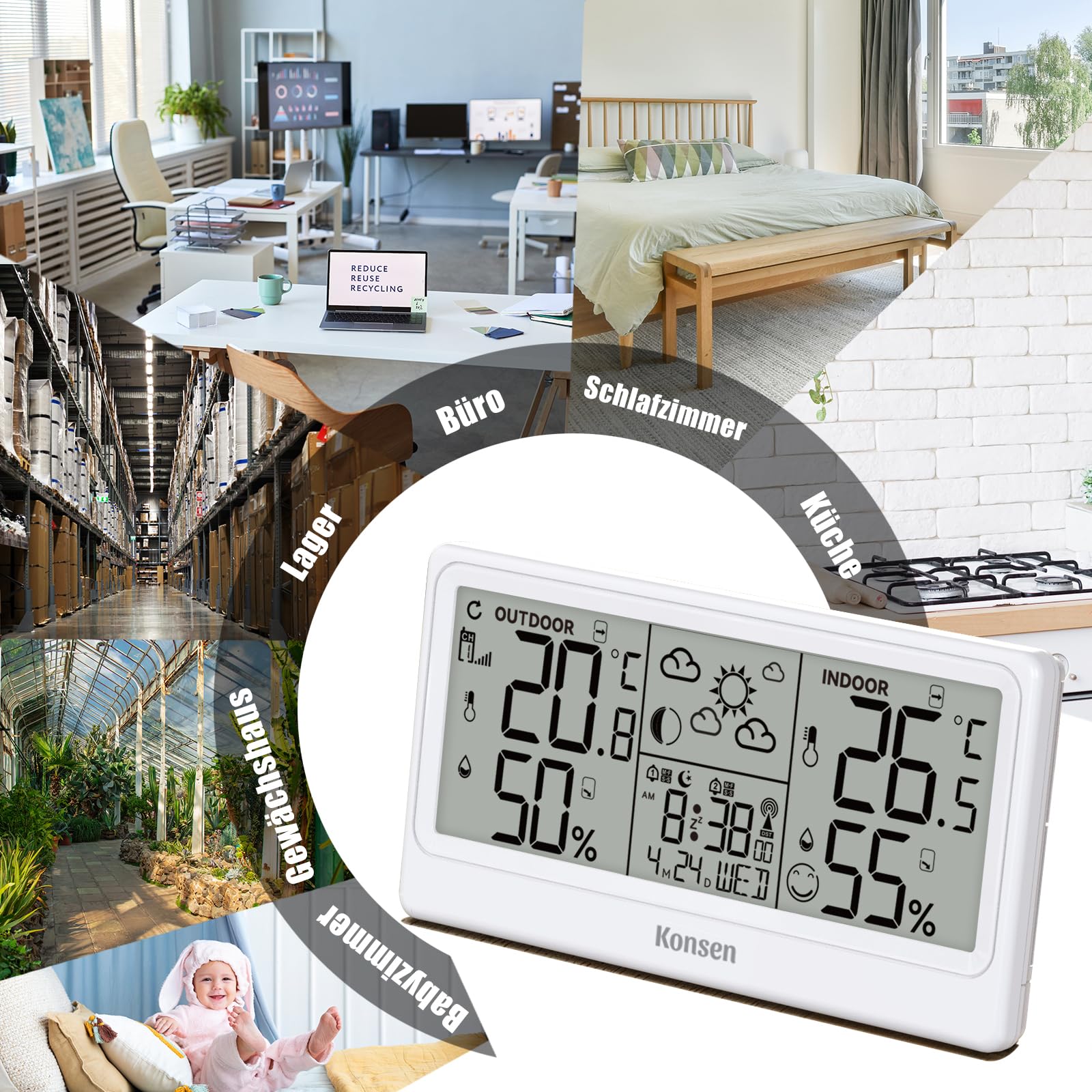 Konsen Funk-Wetterstation mit Außensensor – DCF Funkuhr, Digitales Thermo-Hygrometer (Batteriebetrieb) für Innen/Außen mit Wetterprognose, in Weiß