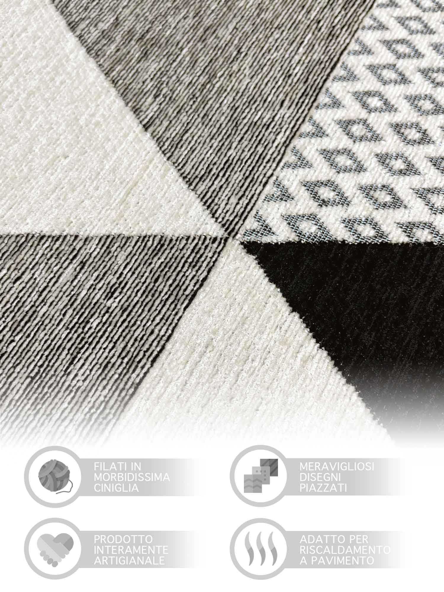 IlGruppone Tappeto Arredo Moderno Sala Cucina Camera Passatoia Antiscivolo in Ciniglia Made in Italy Disegni Piazzati Cotone Misure Grande - Triangoli Nero - 160x240Cm
