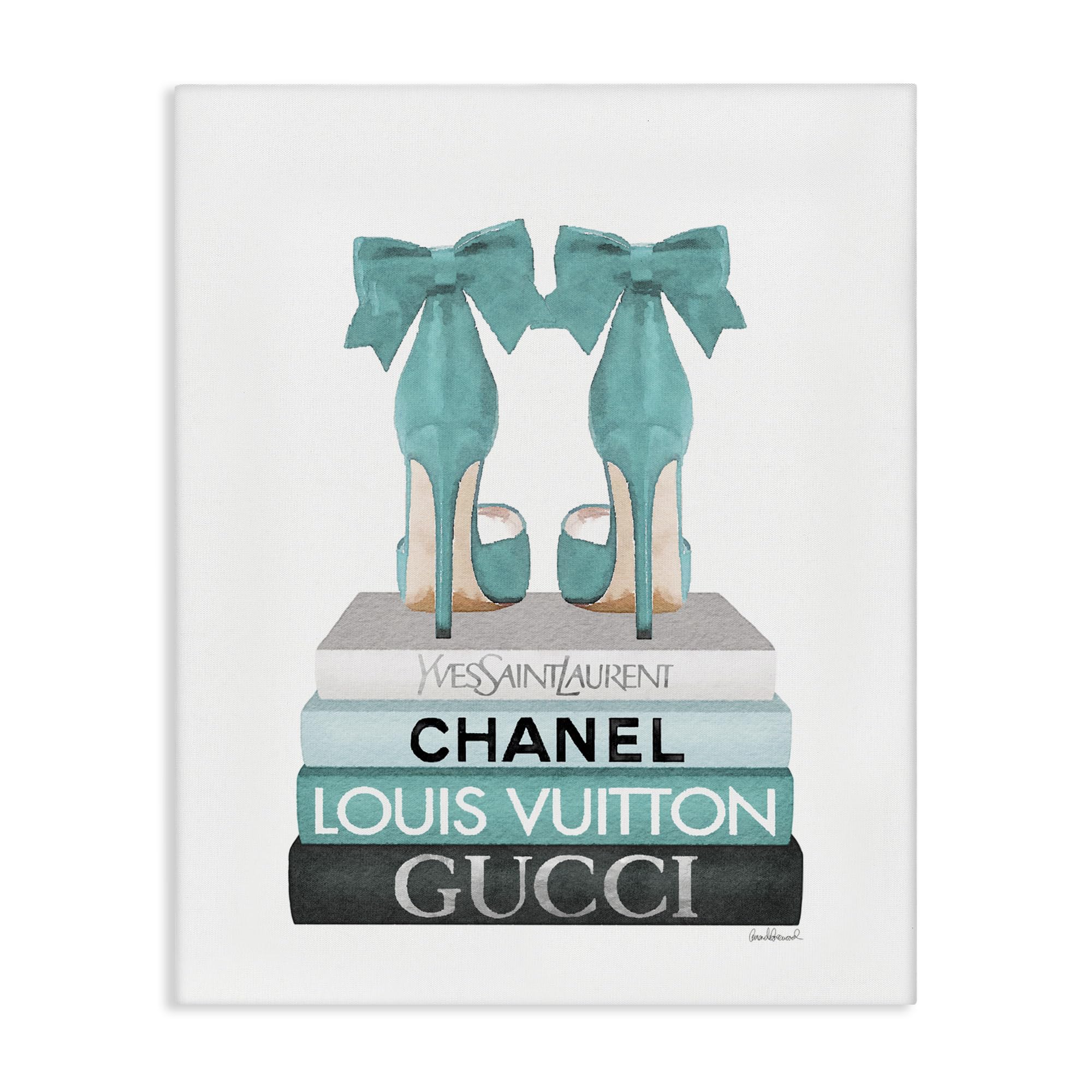 Turquoise Bow Heels Bookstack Glam, 30 x 40 Inch Canvas Wall Art