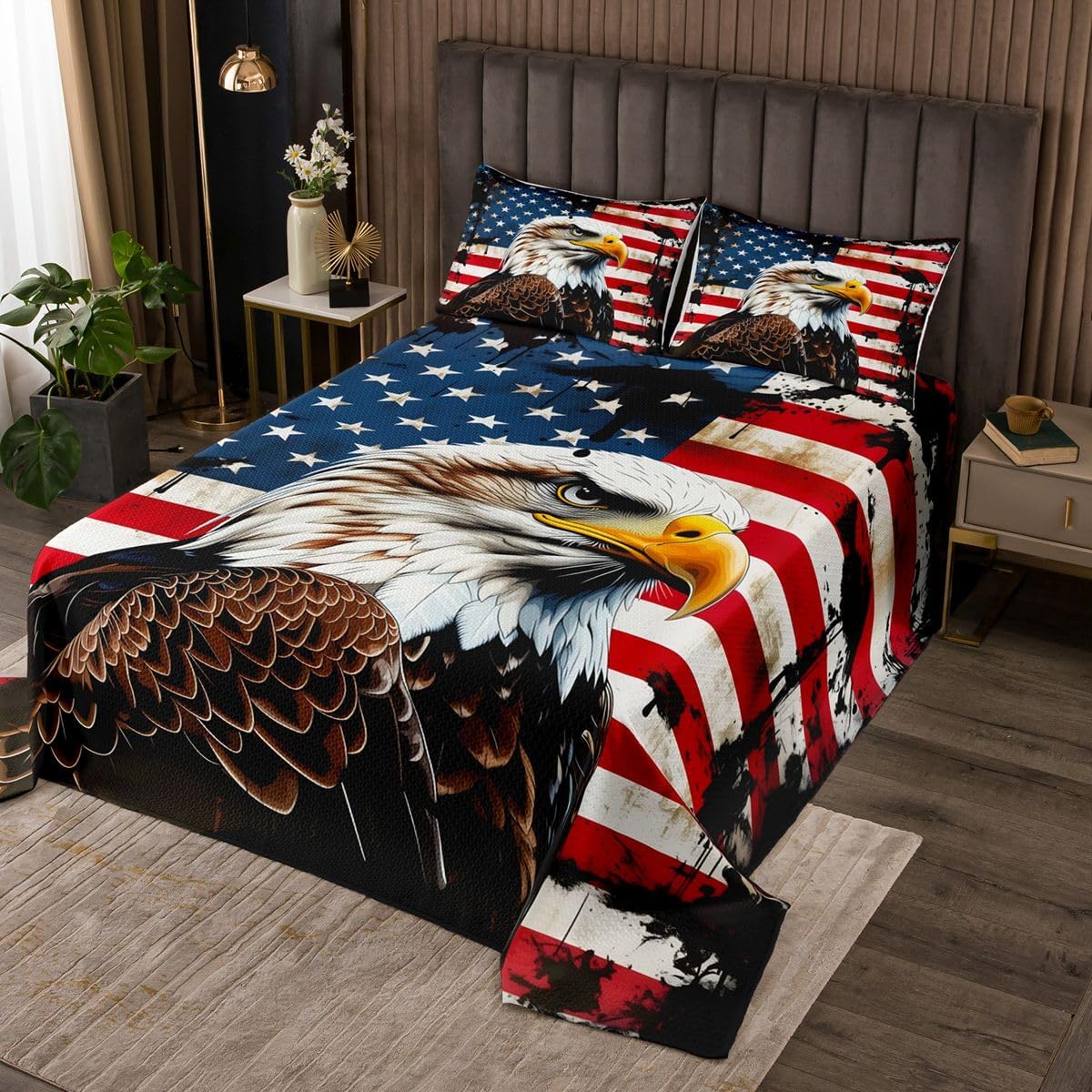 Feelyou American Flag Eagle Bedspread Quilts 4th of July Coverlet Set Queen Size for Kids Boys Girls Independence Day Quilted Coverlet for All Season with 2 Pillowcases Microfiber