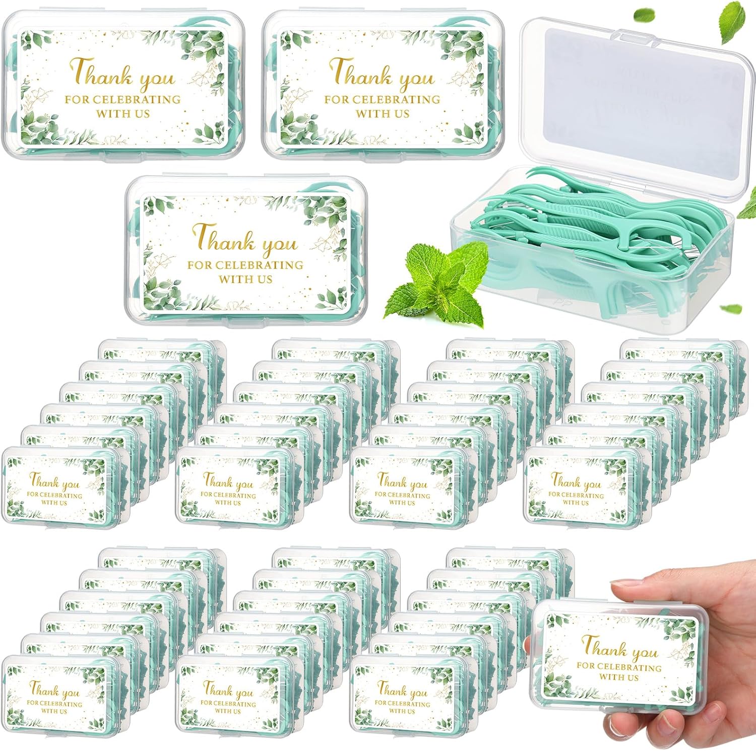 50 Pack Greenery Wedding Mint Floss Picks for Guests Bulk Baby Shower Birthday Favor Mint Dental Floss for Cleaner with Travel Handy Cases Eucalyptus Wedding Bridal Birthday Favors