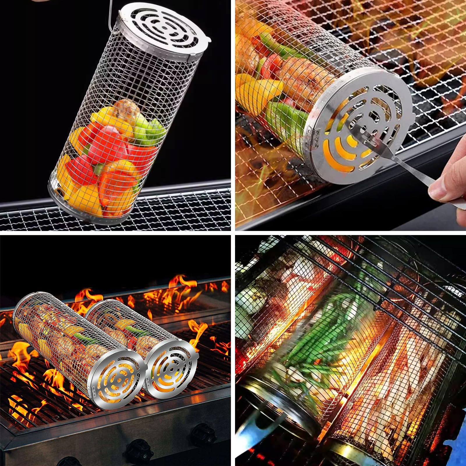 Grilloir en Acier Inoxydable 2 Pièces, Panier de Grillade Tournant Cylindrique avec Poignée en Bois Amovible - Accessoire BBQ pour Grill Extérieur, Camping - Légumes, Poisson, Viande, Fruits de Mer