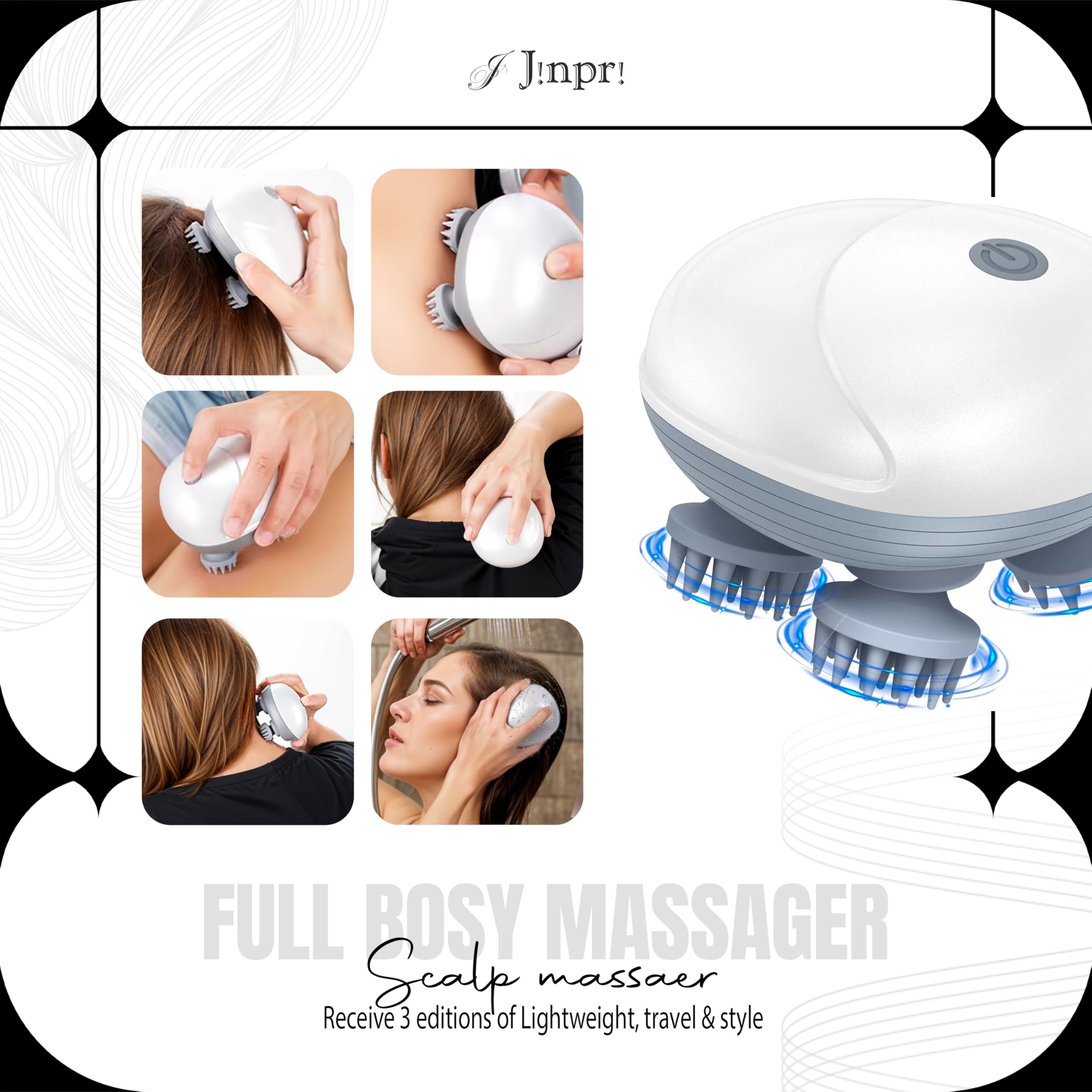 JINPRI Electric Head & Scalp Massager | Handheld Rechargeable Massager with 3 Speed Settings | Portable Stress Relief Device (Automatic), Transparent 3
