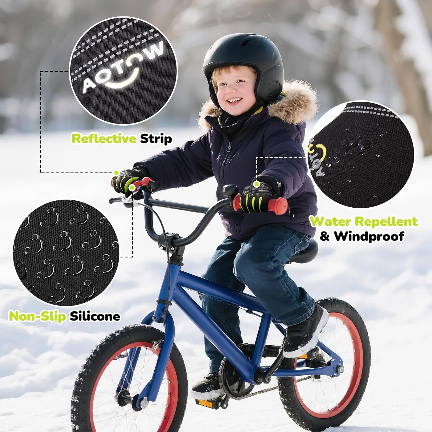 Winter Warm Kids Cycling Gloves - Cold Weather Touchscreen Glove for Childrens Riding Bike and Football Grip Anti-Slip Outdoor Ski Sports Gloves for Boys Girls 4-12 Year Old - Image 4