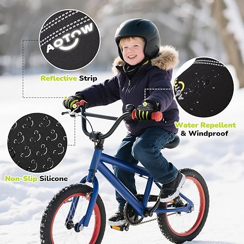 Miniatura 4 de Guantes de ciclismo cálidos de invierno para niños, guantes para pantalla táctil para clima frío para niños, montar en bicicleta y fútbol con agarre