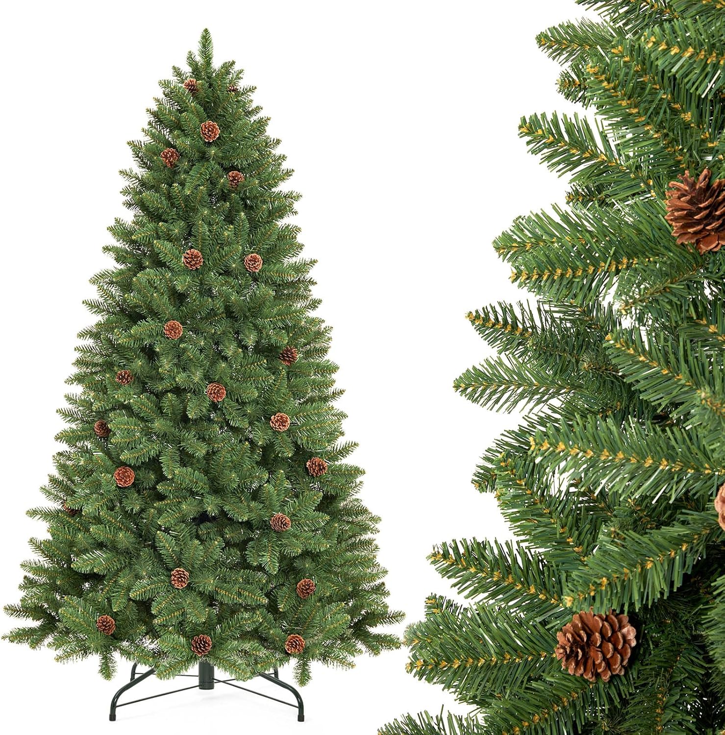 Decoway 6FT Artificial Christmas Tree: Unlit Green Xmas Pine with Pinecones
