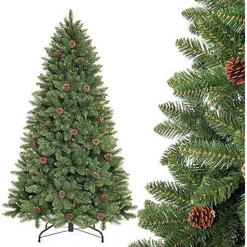 Decoway 6FT Artificial Christmas Tree: Unlit Green Xmas Pine with Pinecones and Metal Stand for Indoor - Holiday Decoration for Porch Living Room Easy Assembly