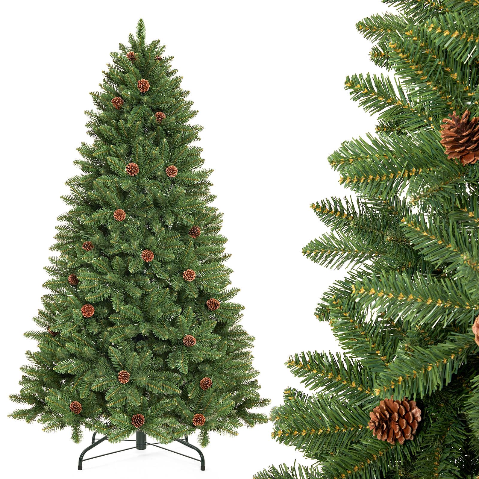 Decoway 5FT Artificial Christmas Tree: Unlit Green Xmas Pine with Pinecones and Metal Stand for Indoor - Holiday Decoration for Porch Living Room Easy Assembly