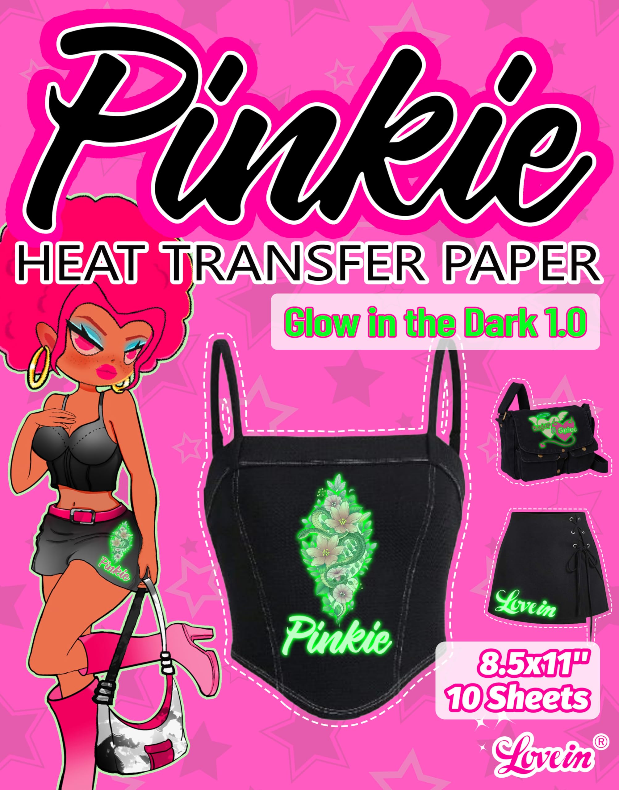 Papier de transfert thermique Pinkie phosphorescent : créez des vêtements de nuit magiques x10
