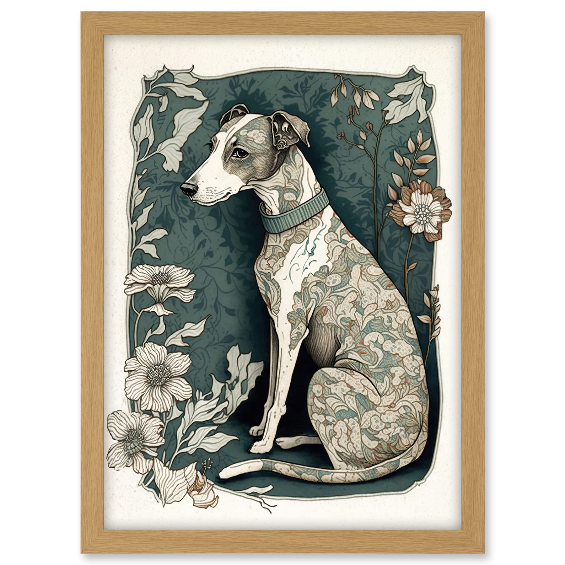 Artery8 Whippet Dog with Floral Pattern Fur Coat Art Nouveau Inspired Watercolour Illustration Artwork Framed A3 Wall Art Print
