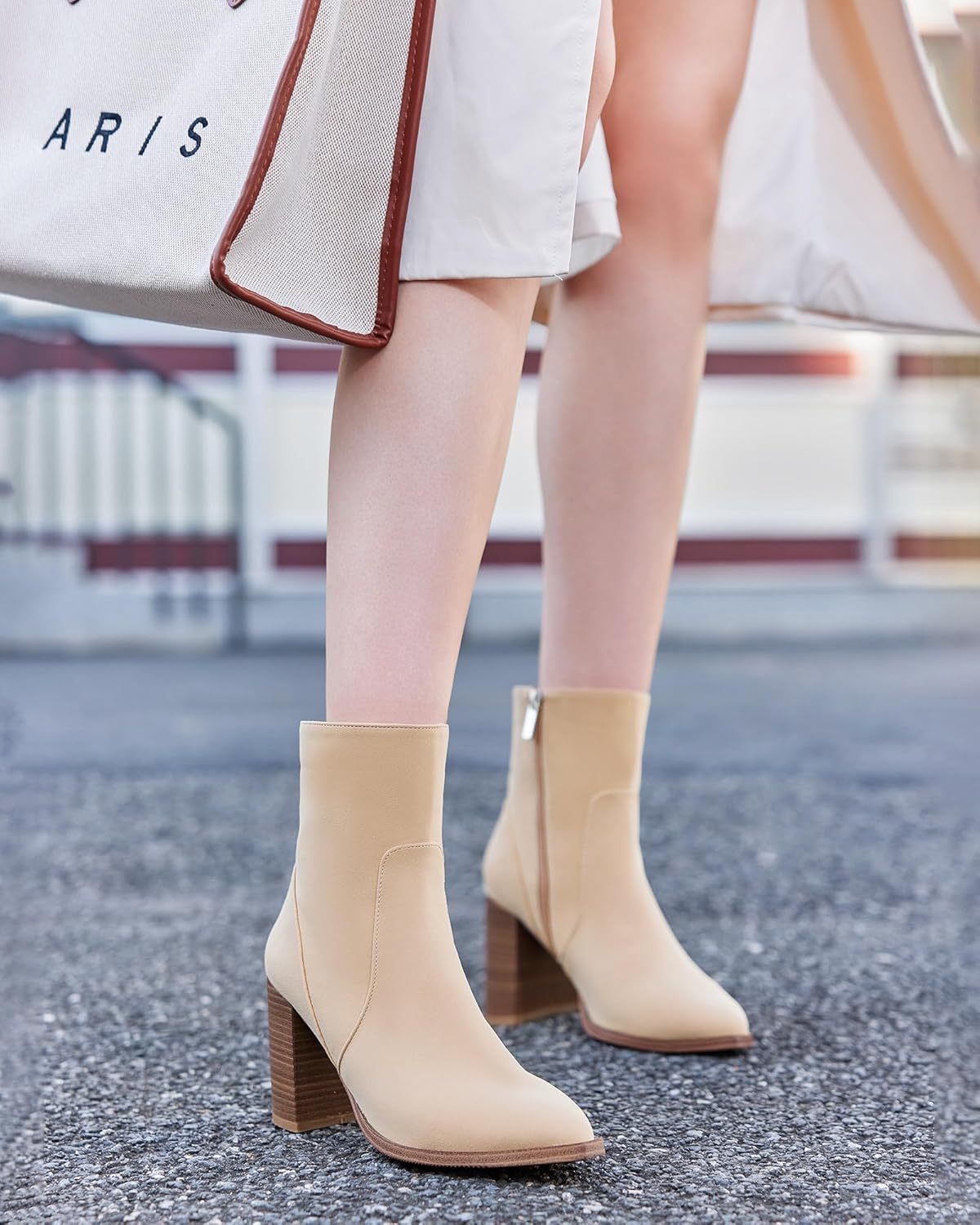 LAICIGO Women's Pointed Toe Ankle Boots Chunky Stacked Heel Side Zipper Faux Leather Ankle Booties - Image 2