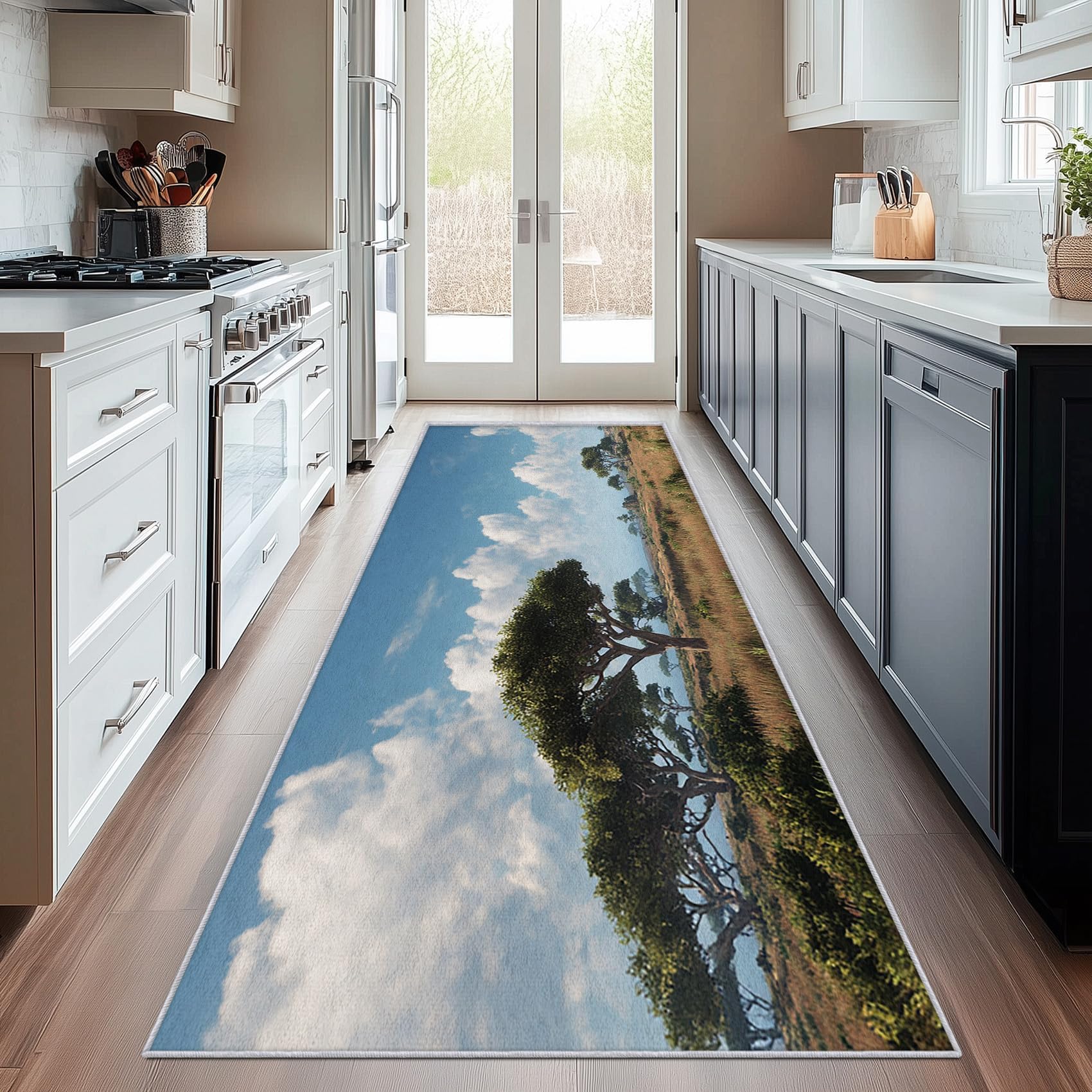 Tapis de chevet savane africaine bleu pour chambre et cuisine