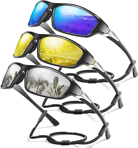 Miniatura 46 de Paquete de 3 lentes de sol deportivos polarizados para hombres, gafas de sol masculinas envolventes con protección UV para ciclismo, pesca y
