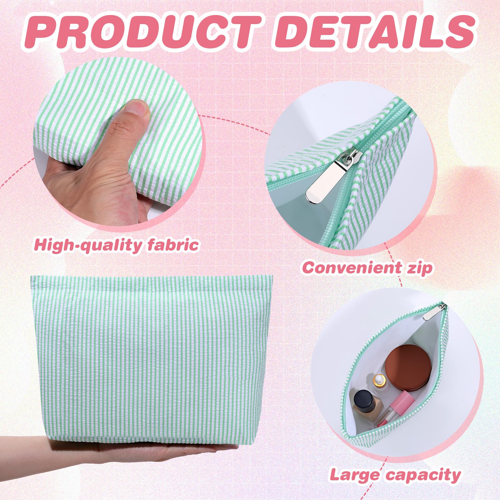 10 bolsas de maquillaje de sirsaca, bolsa de cosméticos de poliéster a rayas de 10 colores, bolsa de almacenamiento ligera para artículos de tocador preparados, bolsa de almacenamiento de