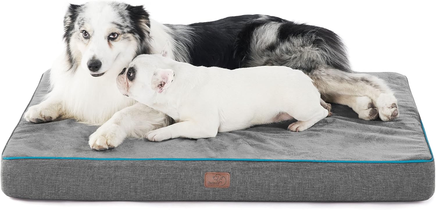 Bedsure Memory Foam Large Plus Dog Bed - Orthopedic Waterproof Pet Mat for Crate with Removable Washable Cover and Nonskid Bottom - Water-Resistant Plush Flannel Fleece Top Pet Bed, Grey