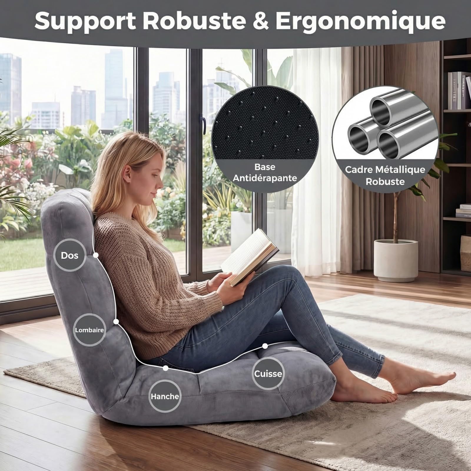 SOARS Fauteuil de Sol Pliable, Chaise de Méditation Canapé Paresseux Convertible avec Dossier Réglable 14 Positions, Mousse Haute Densité, en Velours Coral pour Lecture, Salon (Gris)