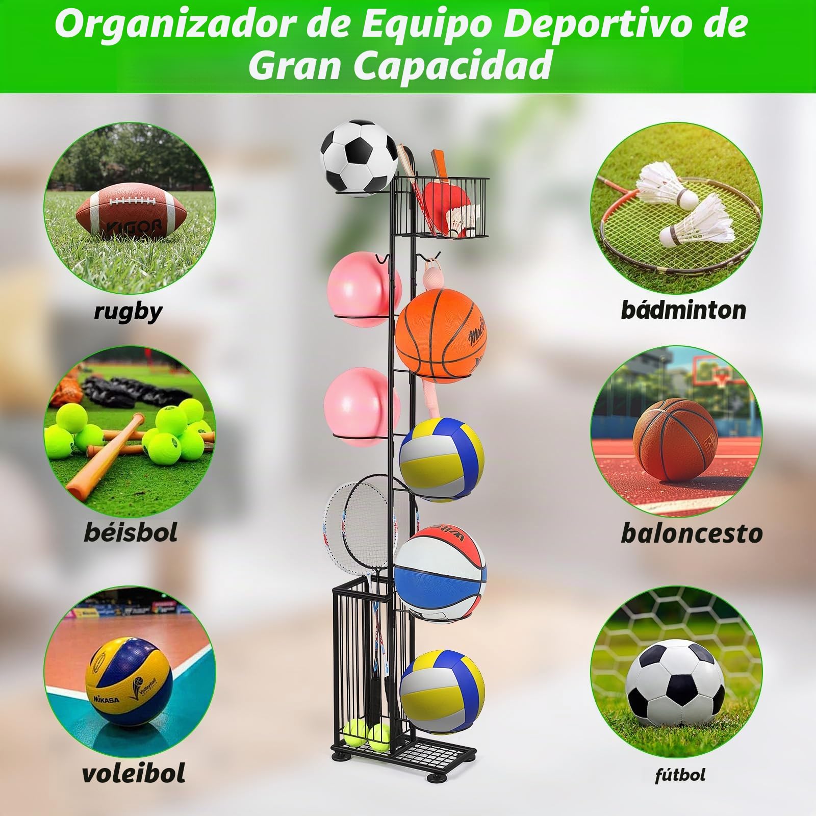 Soporte para bolas 7 niveles, estantería de almacenamiento vertical para baloncesto, fútbol, rugby, voleibol, fútbol (Negro)