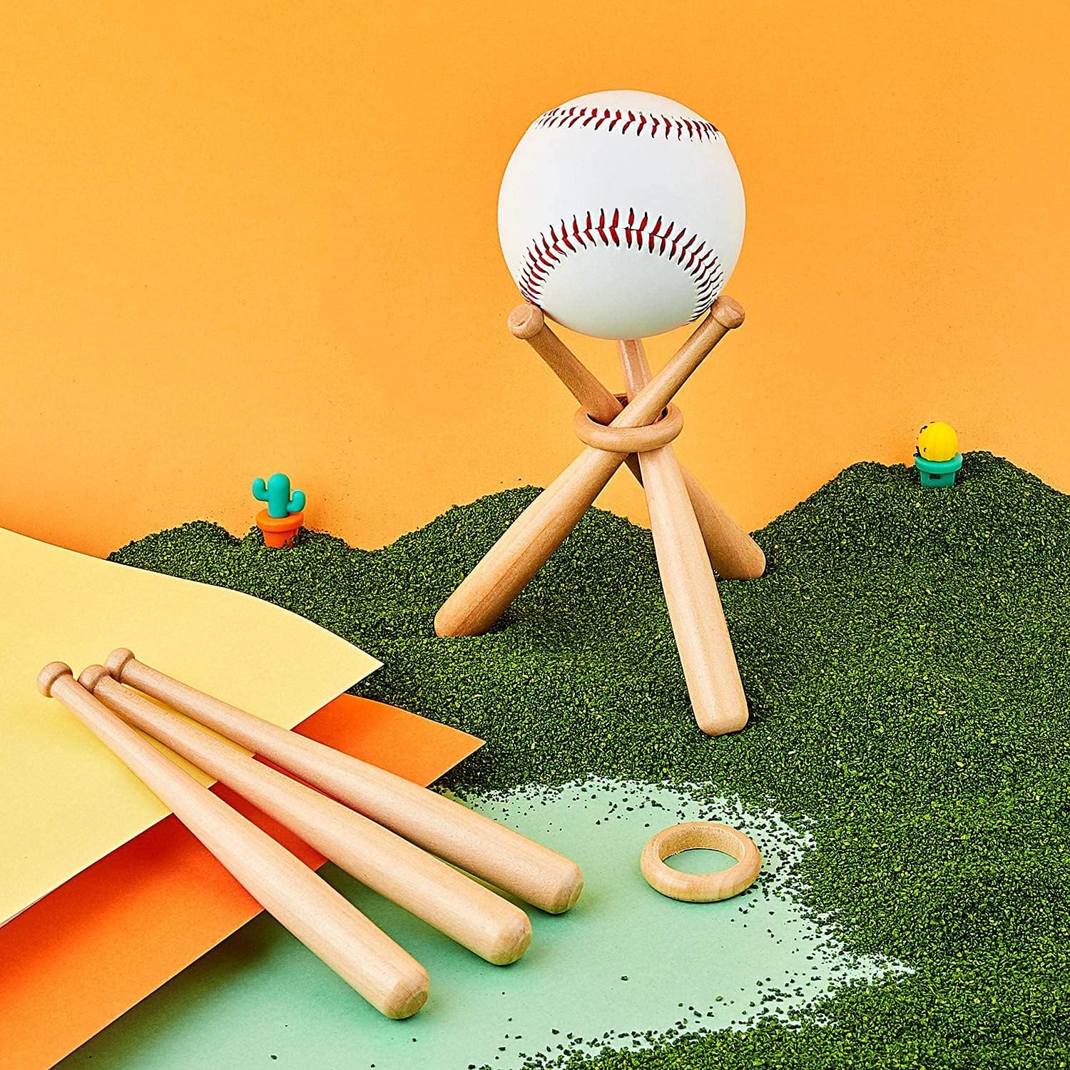 Wooden Baseball Stand Display Holder with Mini Baseball Bats and Wooden Circles for Baseball
