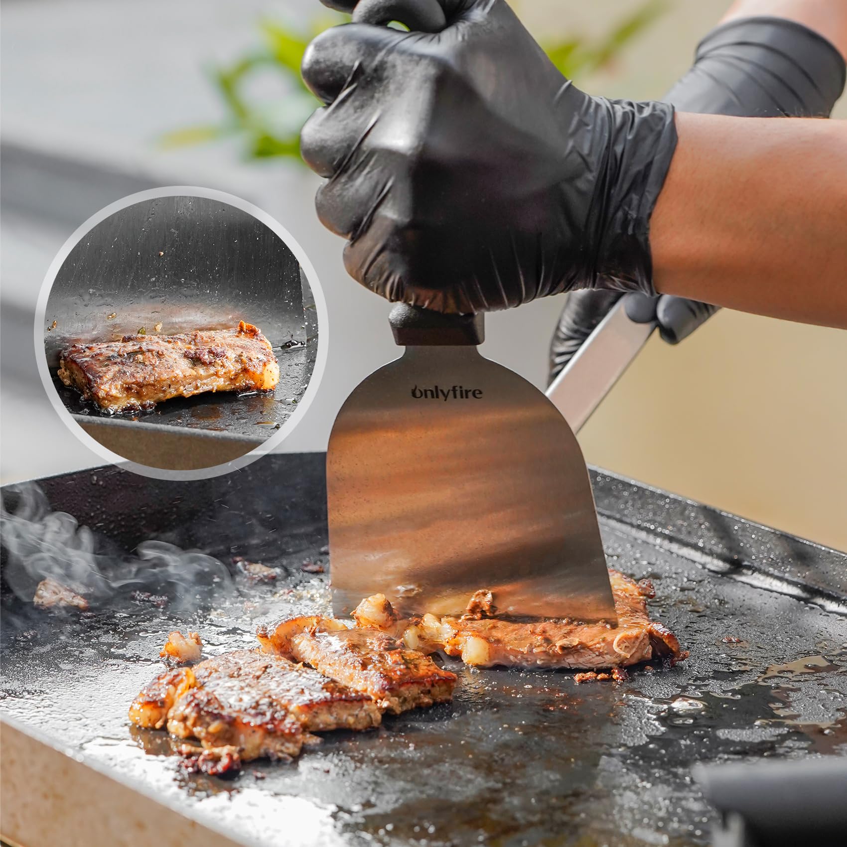 Onlyfire Set Accessoires Plancha 4 Pièces – Presse Burger Fonte, Spatule Perforée, Spatules