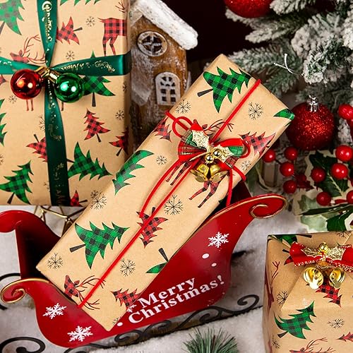 Miniatura 42 de Yarcony Papel kraft de regalo de Navidad, papel de regalo negro, árboles de Navidad de lujo, renos, copos de nieve, papel de estraza resistente