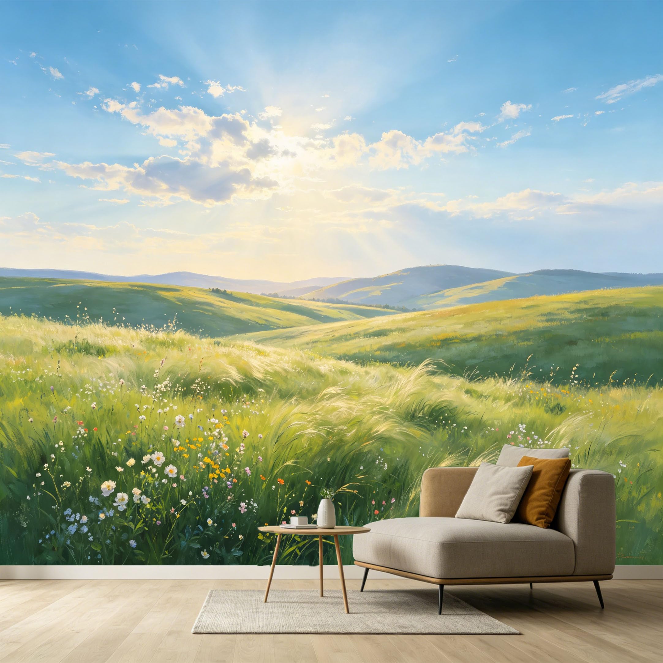 Custom Size Wall Murals Sunlit Rolling Hills Landscape Oil Painting Meadow Wildflowers SelfAdhesive Wall Fabric Removable Large Wallpaper for Photo Living Room