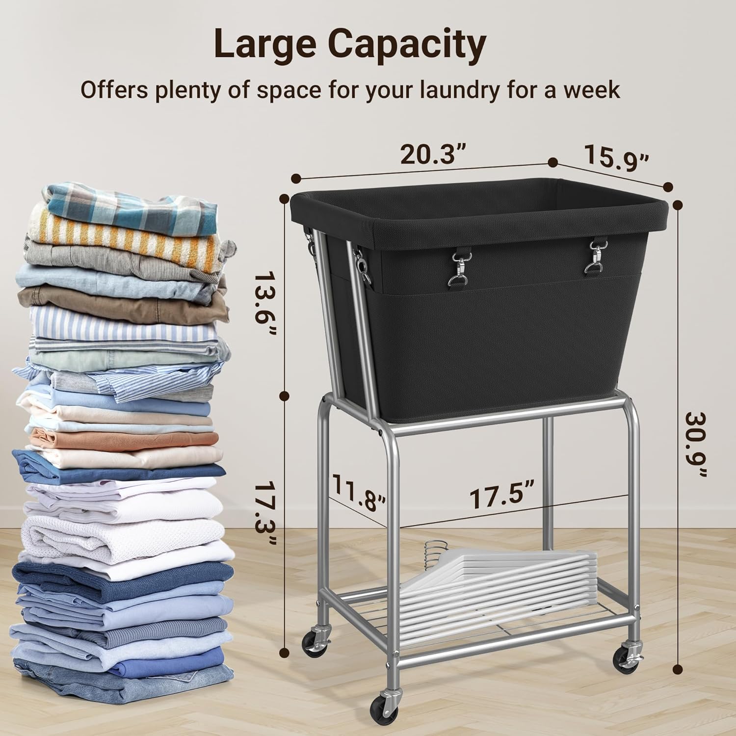 ELYKEN Laundry Cart with Wheels, Rolling Laundry Hamper with Removable Bag and Shelf, Metal Frame Laundry Basket with 4 Casters and 2 Brakes, Ideal for Bedroom, Bathroom, Laundry Room, Black