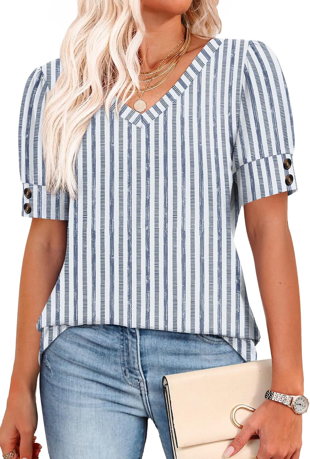 OFEEFAN Womens Tops Short Sleeve Shirts Buttons V Neck Spring Fashion Summer Outfits Plus Size Blouses Dressy Casual thumbnail