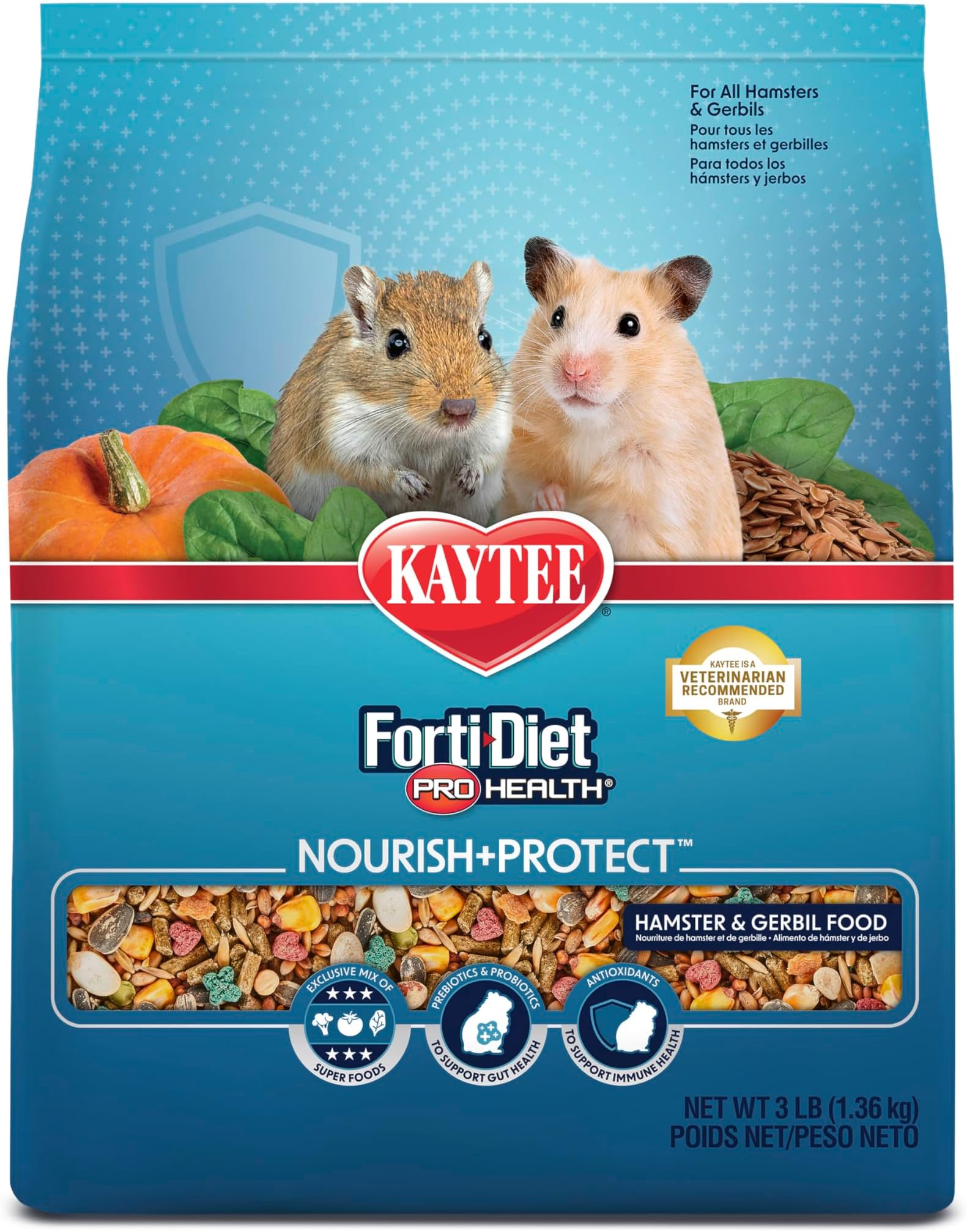 Kaytee Forti-Diet Pro Health Nourish+Protect Hamster and Gerbil Food, Comprehensive Nutrition Backed by Science, Digestive Health, Immune Support, 3 Pounds