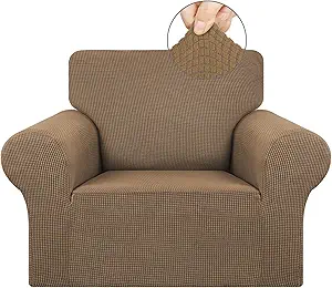 KEKUOU Stretch Single Sofa Slipcover 1 Piece Couch Sofa Cover (31"-55") Furniture Protector 1 Seater Sofa with Elastic Bottom for Kids,Pet.Jacquard Small Checked Pattern Fabric(Small,Camel)