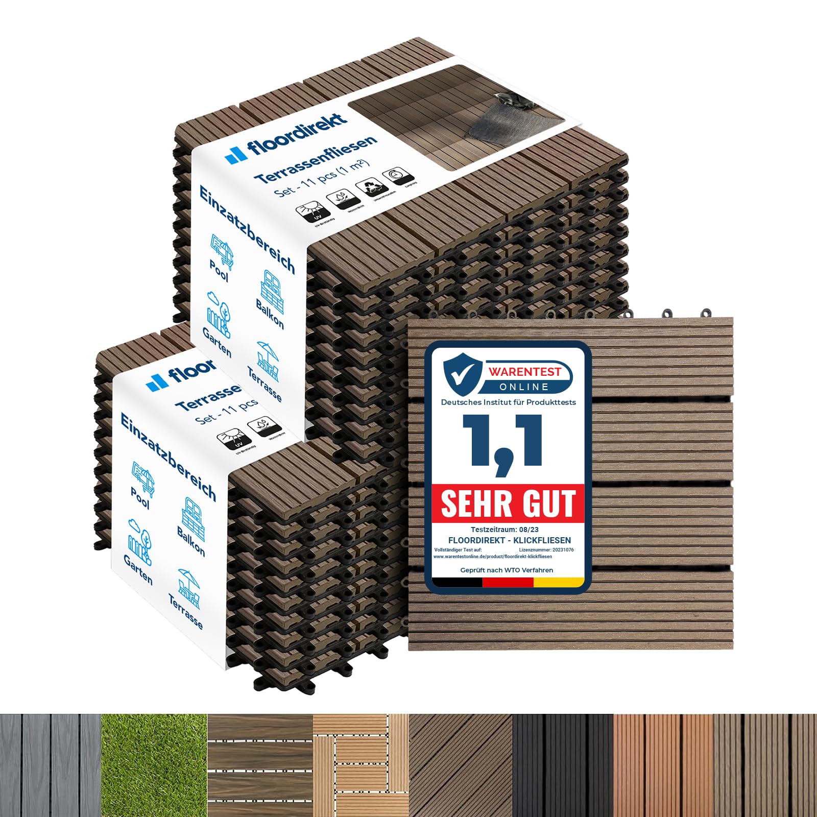 Floordirekt Baldosas de Patio WPC 30x30cm 2m² = 22 piezas para terrazas, balcones - suelo exterior con aspecto de madera, Clic Azulejos con función de drenaje | Marrón oscuro | Royal