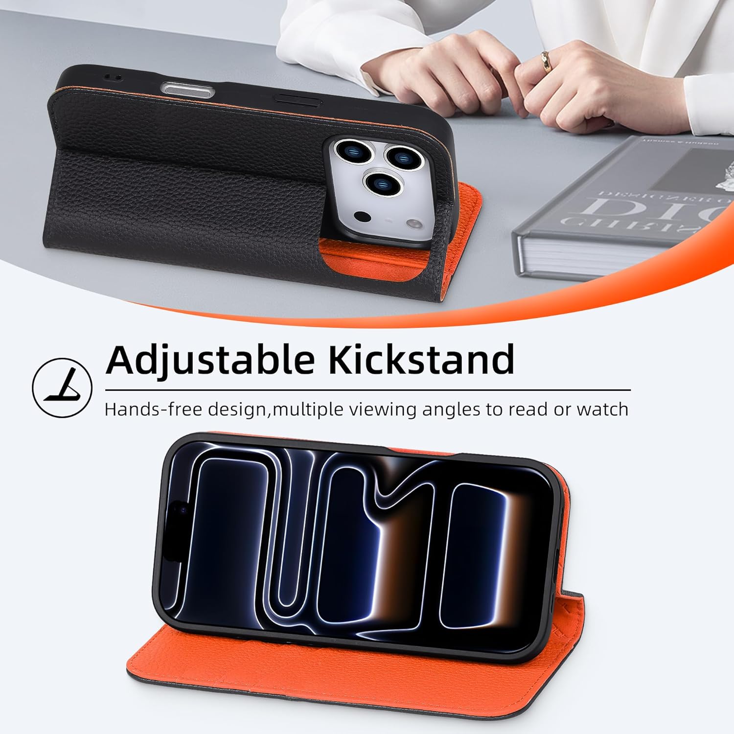 VISOUL Pebbled Leather Wallet Case for iPhone 17 Pro 6.3” 2025, Genuine Leather Flip Folio Cover, RFID Blocking Card Holders, Kickstand, Soft TPU Shell, Protective Flip Cover -Black+Orange