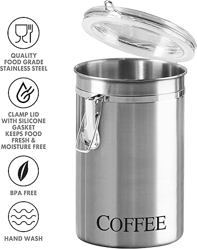 Vista 2 de Oggi 6597.0 bidón hermético con abrazadera para té, 5 x 7.75"/60 oz, inoxidable, Café, Stainless Acero inoxidable
