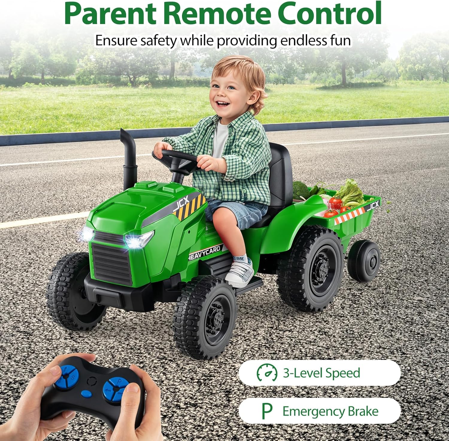 HONEY JOY Upgrade Kids Ride On Tractor with EVA Treaded Tires, 12V 7AH Battery Powered Electric Car w/Trailer, Music, 25W Dual Motors, Ground Loader, Toddler Ride On Car w/Remote Control(Green)