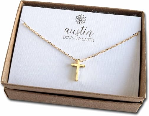 Austin Down to Earth, Tiny Cross Necklace, Simple Gold Cross Necklaces for Women, 14k Gold Filled Chain, Christian Gift for Baptism Confirmation Graduation