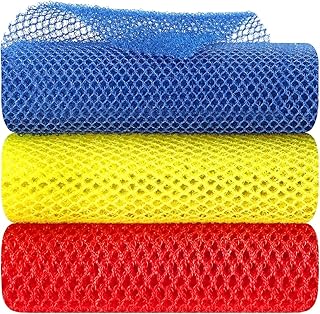 3 Pieces African Net Sponge African Exfoliating Net Long African Bath Sponge African Wash Net Body Scrubber Net Washcloth Body Shower Net for Daily Use (Blue, Yellow, Red)