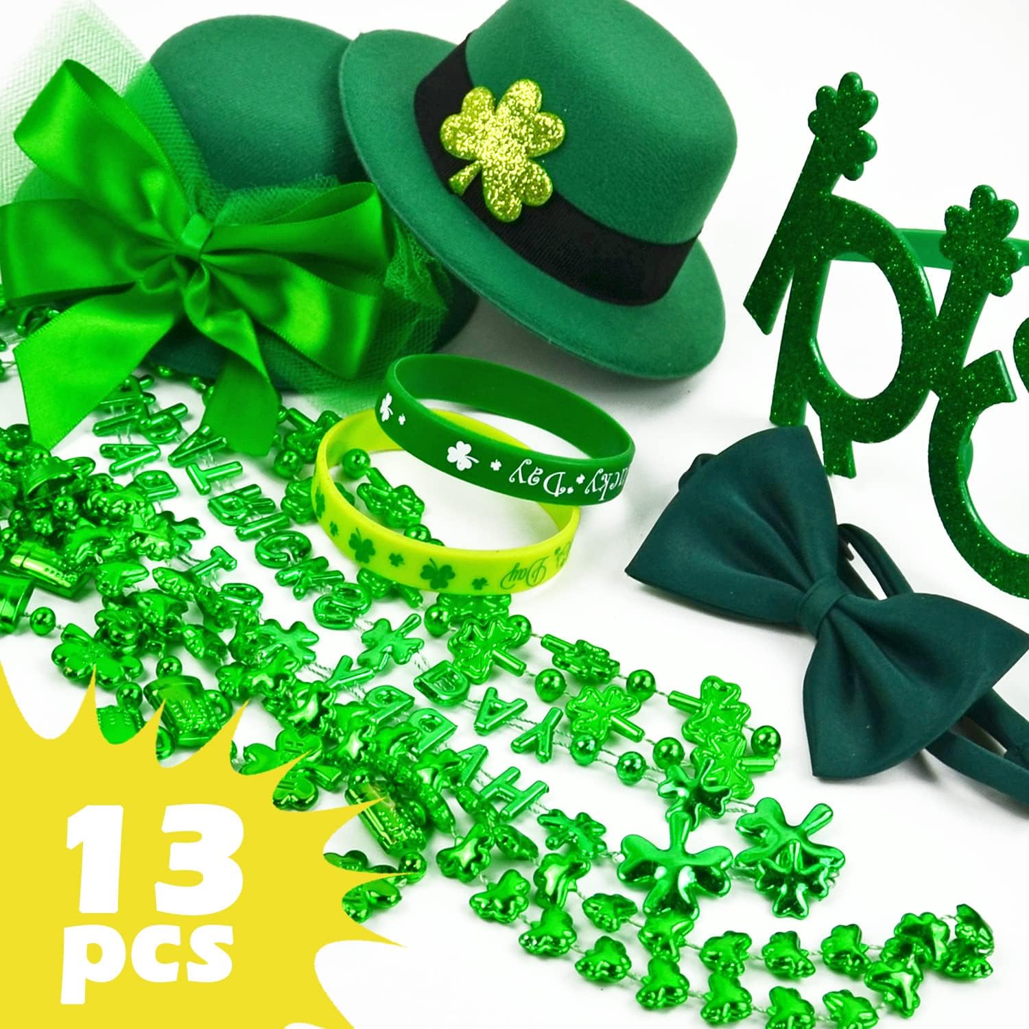 Adults St Patrick's Day Dressing-Up Accessories Set, 13 PCS Green Lucky Irish Party Supplies for Men and Women with Necklaces, Bracelets, Bow Hair Clip, Glasses and Mini Hat Clips : Everything Else