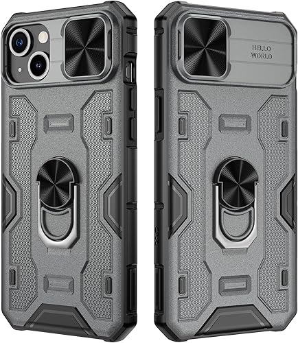 VEGO Funda con función atril para iPhone 15 Plus, 15 Plus con cubierta de lente deslizante, soporte de anillo giratorio de 360 integrado, funda