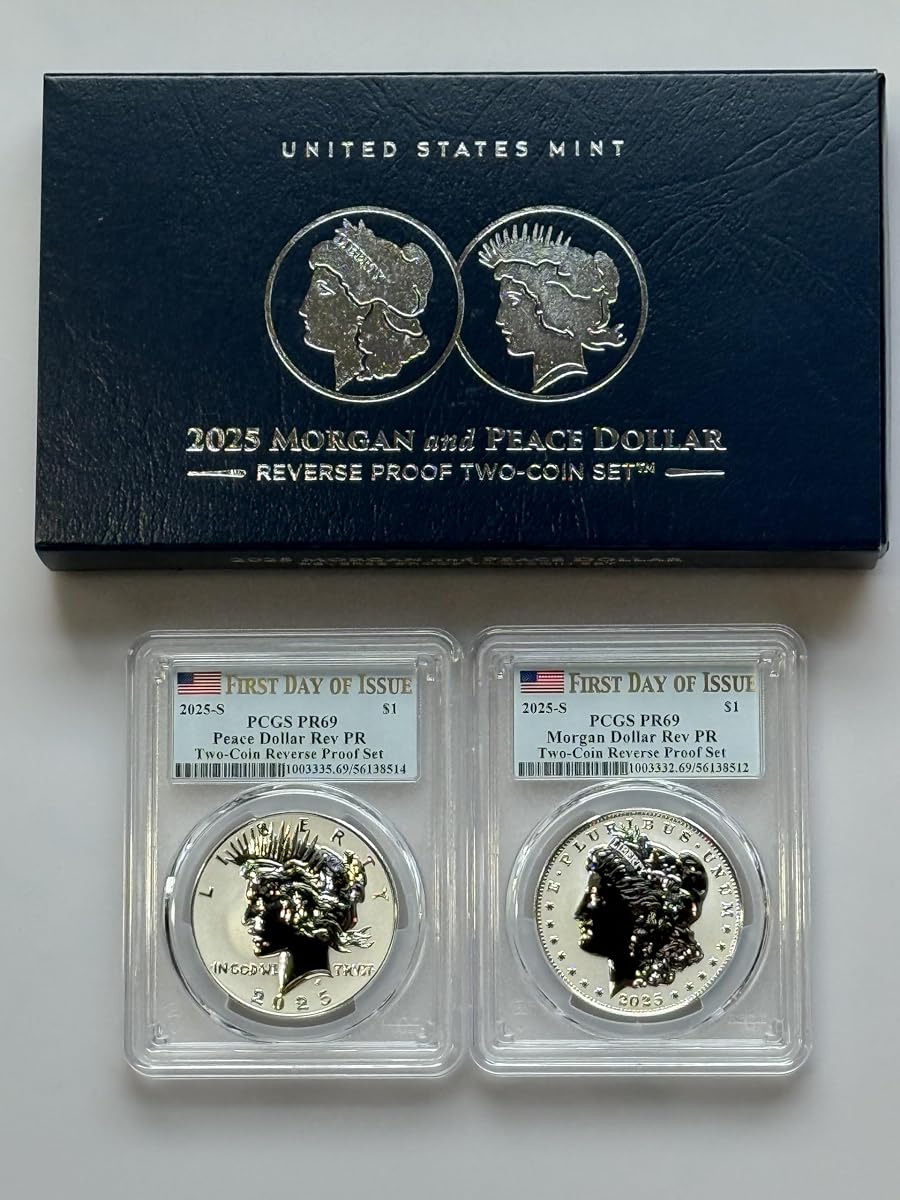 United States Mint 2025-S Morgan and Peace Dollar Reverse Proof Conjunto de dos monedas, PCGS PR-69 Primer día de emisión, moneda de curso legal con embalaje original