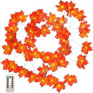Thanksgiving Decorations Fall Maple Leaf Garland 16.5 Feet 50 LED Maple Leaves Fairy Lights Battery Operated with Remote Control Timer Waterproof String Lights for Indoor Outdoor Festival Party Decor