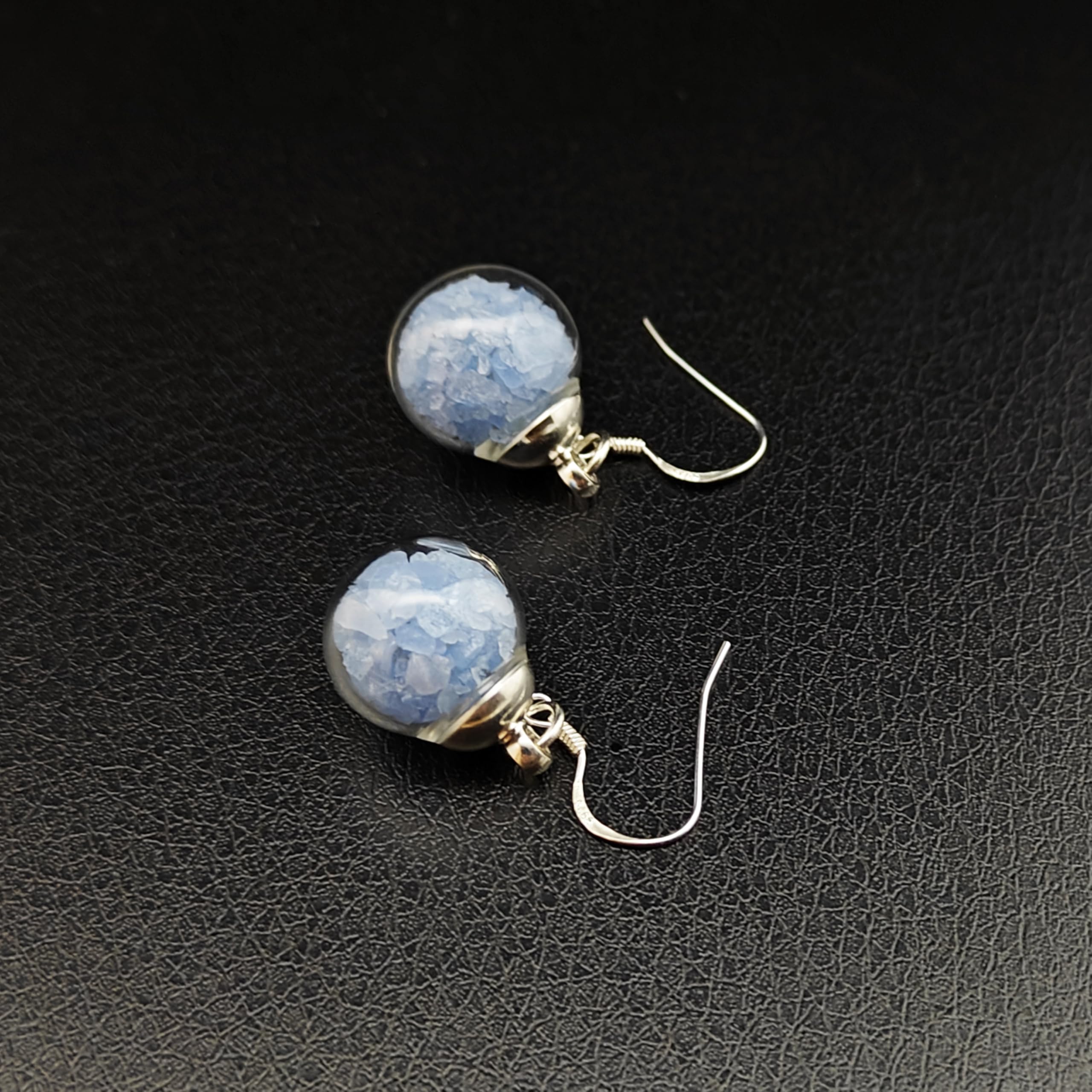 Bleu Sable Lueur Lumineux Brillent dans le Noir Gros Verre Boule Argent Sterling 925 Boucles d'oreilles pendantes et gouttes Femmes Handmade