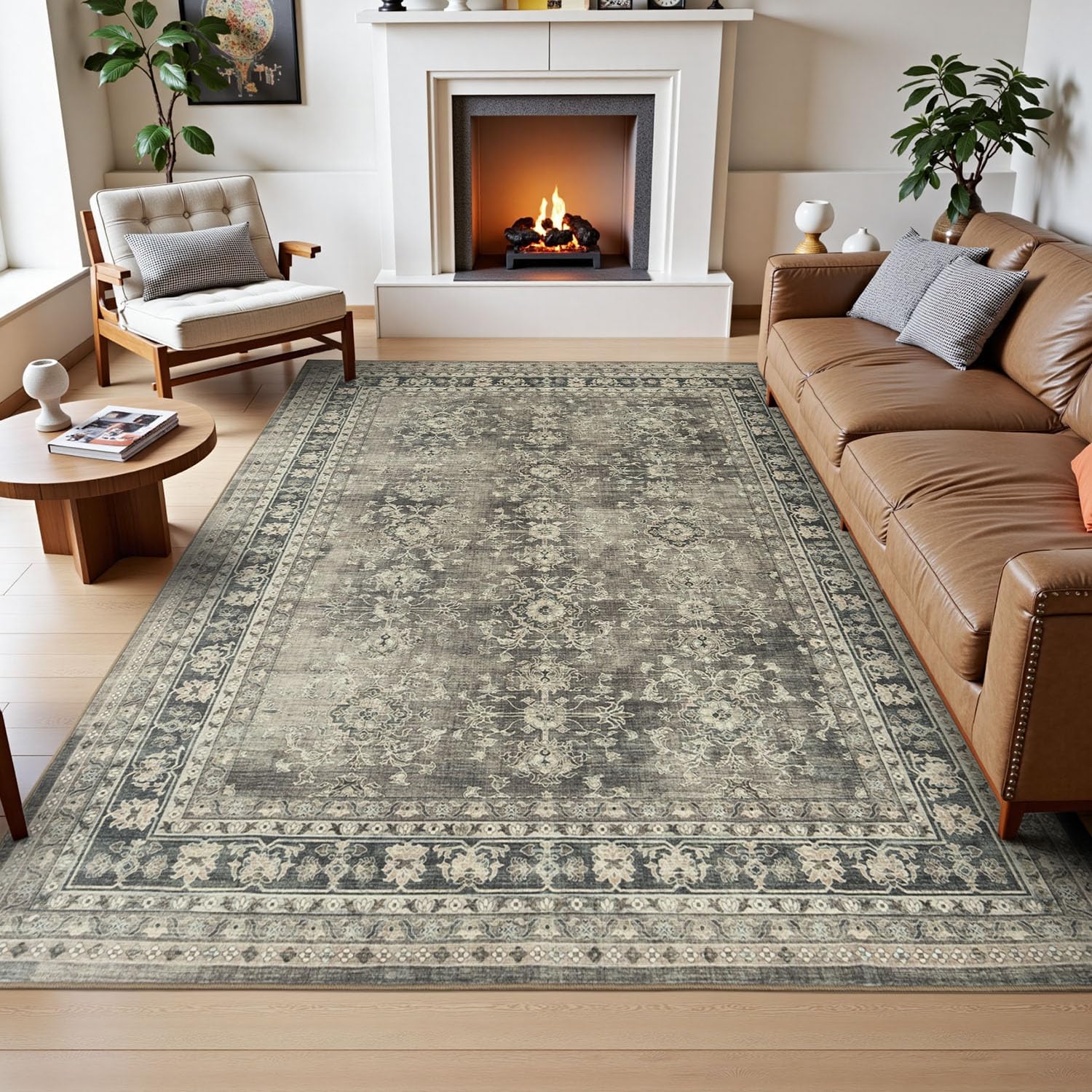 Lessymo 8x10 Area Rugs for Living Room, Machine Washable Non Slip Large Rug, Soft Low Pile Carpet for Bedroom Dining Office, Vintage Brown Distressed Floral Floor Decor